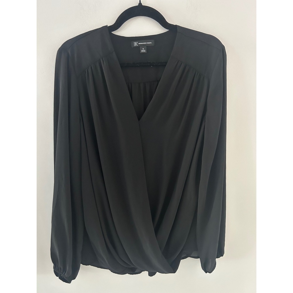 INC International Concepts Black Wrap Front Draped V-Neck Blouse Plus Size 1X